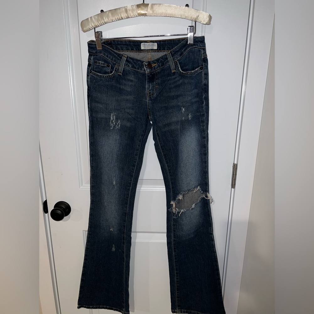 American Eagle Outfitters Dark Blue Distressed Flare Jeans